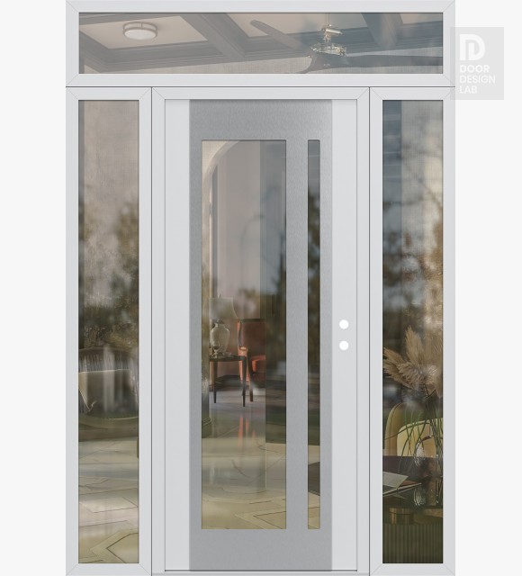 Modern Steel Front Door Diamond C15 68" x 96" white/white clear Glass Panel stainless steel LHI with 2 Sidelites and Transom clear Glass