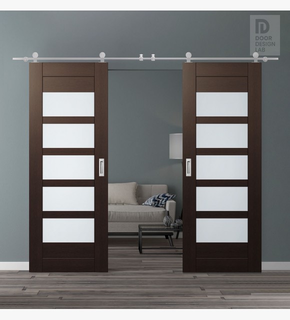 DOUBLE BARN DOOR AVON 07-07 VETRO VERALINGA OAK 64" X 96" X 1 3/4" STAINLESS STEEL HARDWARE