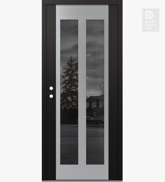 Modern Steel Front Door Diamond C14 36" x 80" black/black mirrored Glass Panel stainless steel RHI