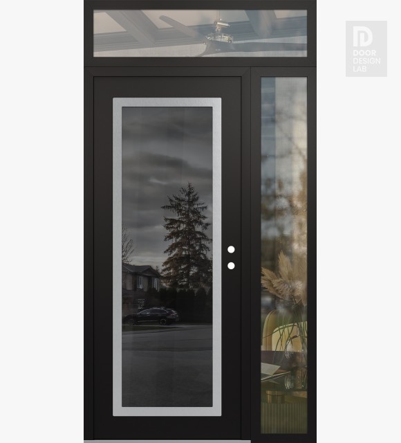 Modern Steel Front Door Diamond C1 50" x 96" black/black mirrored Glass Panel stainless steel LHI with Sidelite and Transom clear Glass