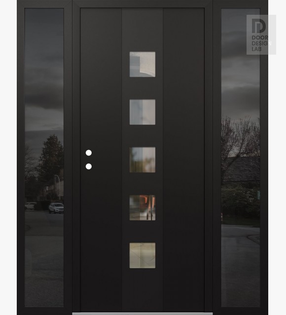 Modern Steel Front Door DIAMOND A13 60" X 80" BLACK/BLACK CLEAR GLASS PANEL BLACK RHI WITH 2 SIDELITES MIRRORED GLASS