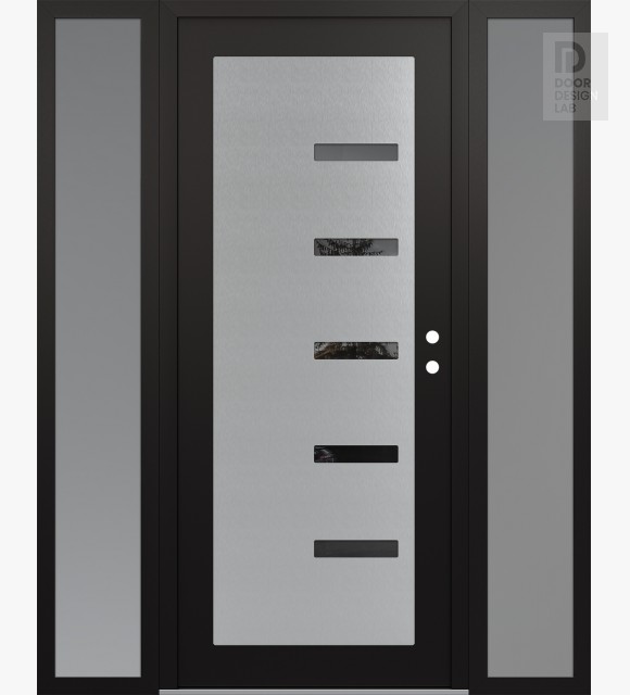Modern Steel Front Door Diamond C8 68" x 80" black/black mirrored Glass Panel stainless steel LHI with 2 Sidelites frosted Glass