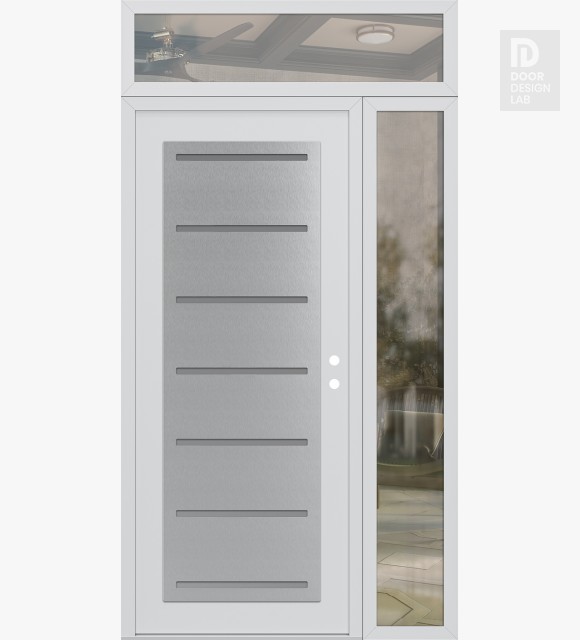 Modern Steel Front Door Diamond C11 52" x 96" white/white frosted Glass Panel stainless steel LHI with Sidelite and Transom clear Glass