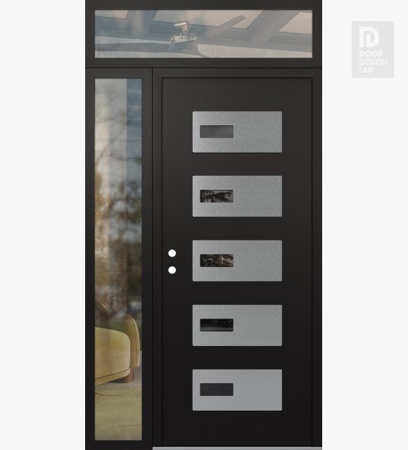 Modern Steel Front Door Diamond D7 52" x 96" black/black mirrored Glass Panel stainless steel RHI with Sidelite and Transom clear Glass