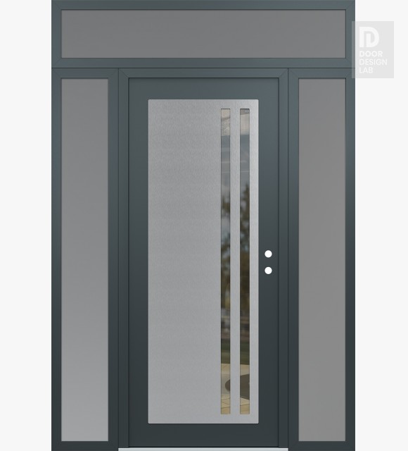 Modern Steel Front Door Diamond C6 60" x 96" anthracite/anthracite clear Glass Panel stainless steel LHI with 2 Sidelites and Transom frosted Glass