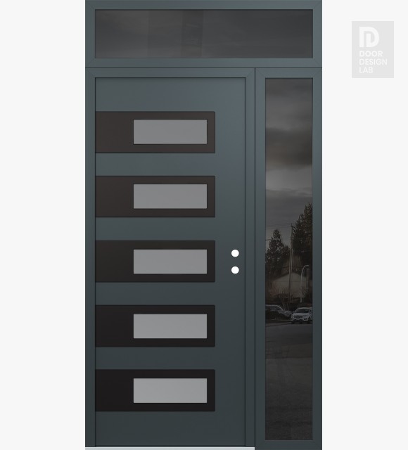 Modern Steel Front Door Diamond D3 50" x 96" anthracite/anthracite frosted Glass Panel black LHI with Sidelite and Transom mirrored Glass