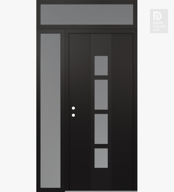 Modern Steel Front Door DIAMOND A10 52" X 96" BLACK/WHITE FROSTED GLASS PANEL BLACK RHI WITH SIDELITE AND TRANSOM FROSTED GLASS