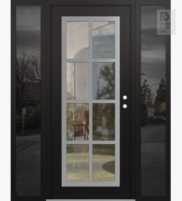 Modern Steel Front Door Diamond C16 60" x 80" black/black clear Glass Panel stainless steel LHI with 2 Sidelites mirrored Glass