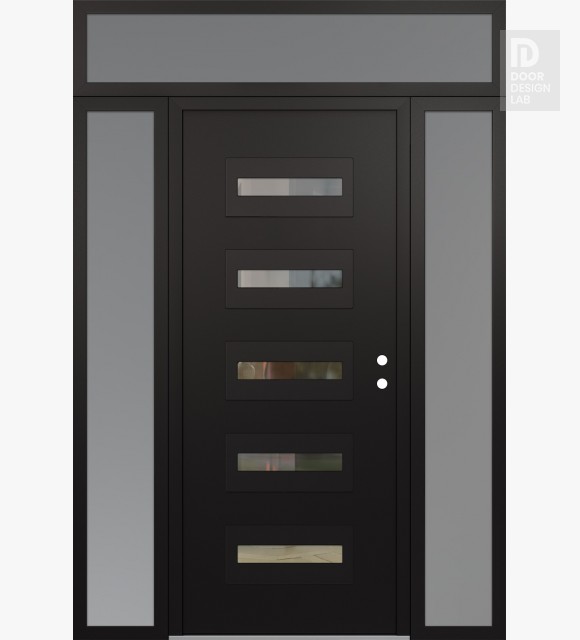 Modern Steel Front Door Diamond D4 64" x 96" black/black clear Glass Panel black LHI with 2 Sidelites and Transom frosted Glass