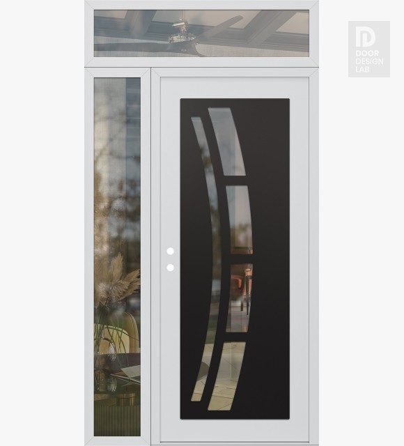 Modern Steel Front Door Diamond C12 52" x 96" white/white clear Glass Panel black RHI with Sidelite and Transom clear Glass