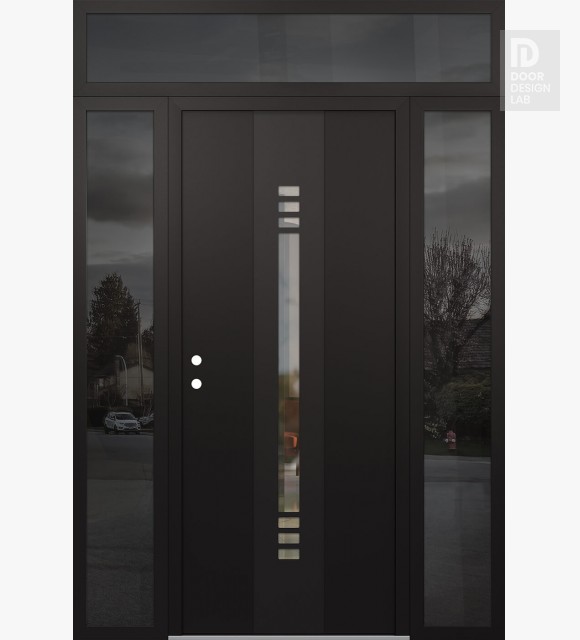 Modern Steel Front Door DIAMOND A5 68" X 96" BLACK/BLACK CLEAR GLASS PANEL BLACK RHI WITH 2 SIDELITES AND TRANSOM MIRRORED GLASS