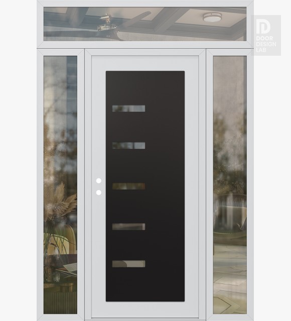 Modern Steel Front Door Diamond C8 68" x 96" white/white clear Glass Panel black RHI with 2 Sidelites and Transom clear Glass
