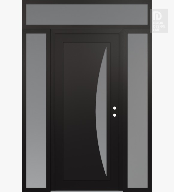 Modern Steel Front Door Diamond C13 68" x 96" black/white frosted Glass Panel black LHI with 2 Sidelites and Transom frosted Glass