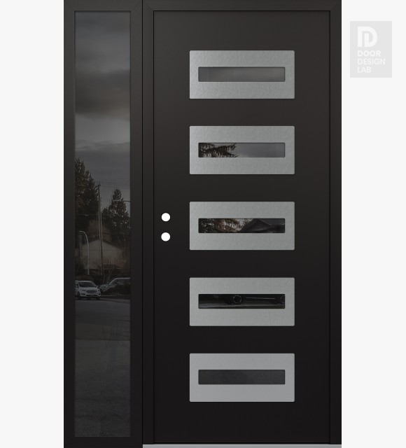 Modern Steel Front Door Diamond D4 52" x 80" black/black mirrored Glass Panel stainless steel RHI with Sidelite mirrored Glass