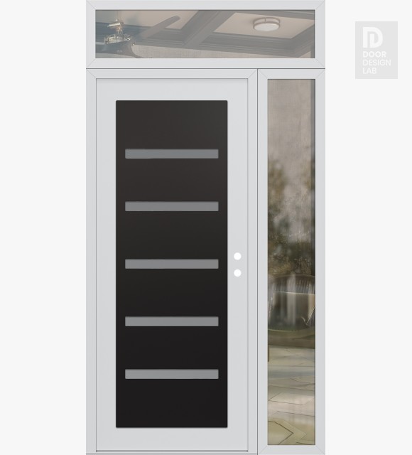 Modern Steel Front Door Diamond C7 50" x 96" white/white frosted Glass Panel black LHI with Sidelite and Transom clear Glass
