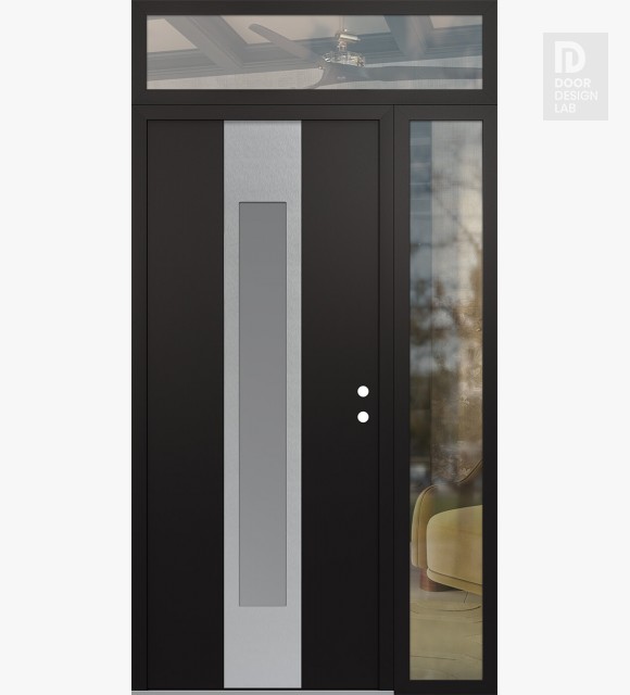 Modern Steel Front Door DIAMOND A1 48" X 96" BLACK/WHITE FROSTED GLASS PANEL STAINLESS STEEL LHI WITH SIDELITE AND TRANSOM CLEAR GLASS
