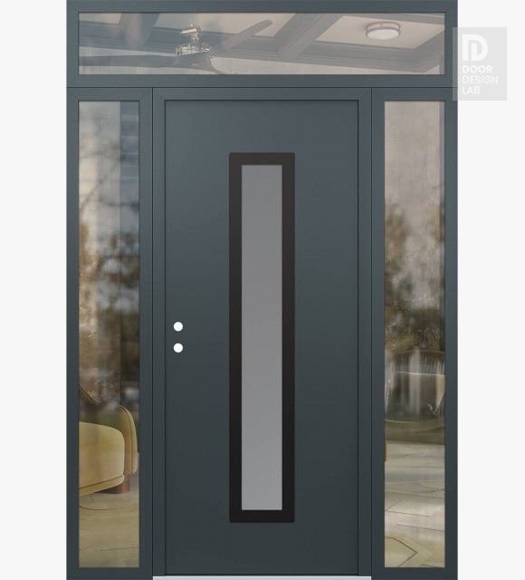 Modern Steel Front Door DIAMOND A11 64" X 96" ANTHRACITE/ANTHRACITE FROSTED GLASS PANEL BLACK RHI WITH 2 SIDELITES AND TRANSOM CLEAR GLASS