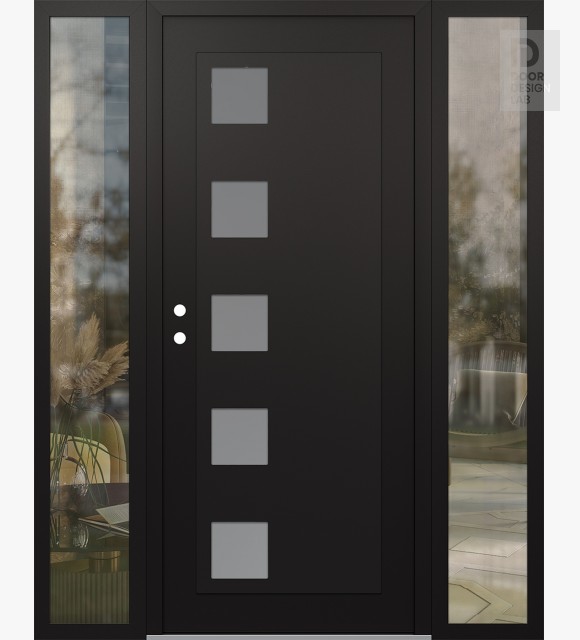 Modern Steel Front Door Diamond C5 64" x 80" black/white frosted Glass Panel black RHI with 2 Sidelites clear Glass