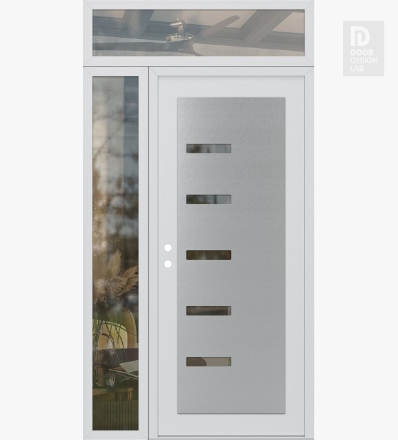 Modern Steel Front Door Diamond C8 52" x 96" white/white clear Glass Panel stainless steel RHI with Sidelite and Transom clear Glass