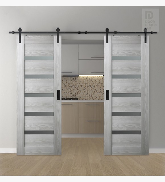 DOUBLE BARN DOOR AVON 07-04 VETRO RIBEIRA ASH 56" X 84" X 1 3/4" BLACK HARDWARE