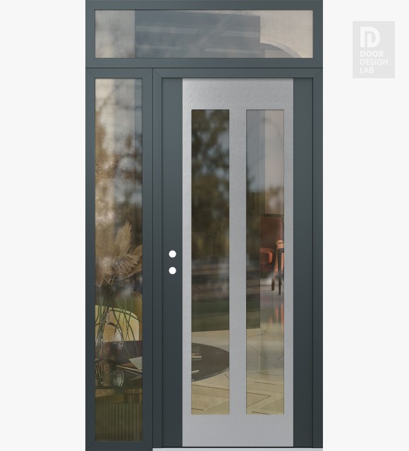 Modern Steel Front Door Diamond C14 48" x 96" anthracite/anthracite clear Glass Panel stainless steel RHI with Sidelite and Transom clear Glass