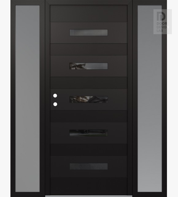 Modern Steel Front Door Diamond D9 68" x 80" black/black mirrored Glass Panel black RHI with 2 Sidelites frosted Glass