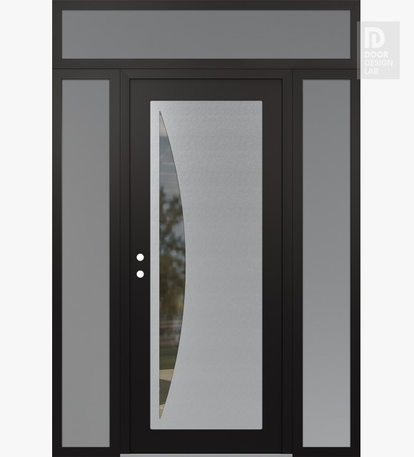 Modern Steel Front Door Diamond C13 64" x 96" black/black clear Glass Panel stainless steel RHI with 2 Sidelites and Transom frosted Glass
