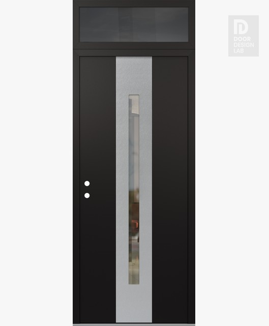 Modern Steel Front Door DIAMOND A2 36" X 96" BLACK/BLACK CLEAR GLASS PANEL STAINLESS STEEL RHI WITH TRANSOM MIRRORED GLASS