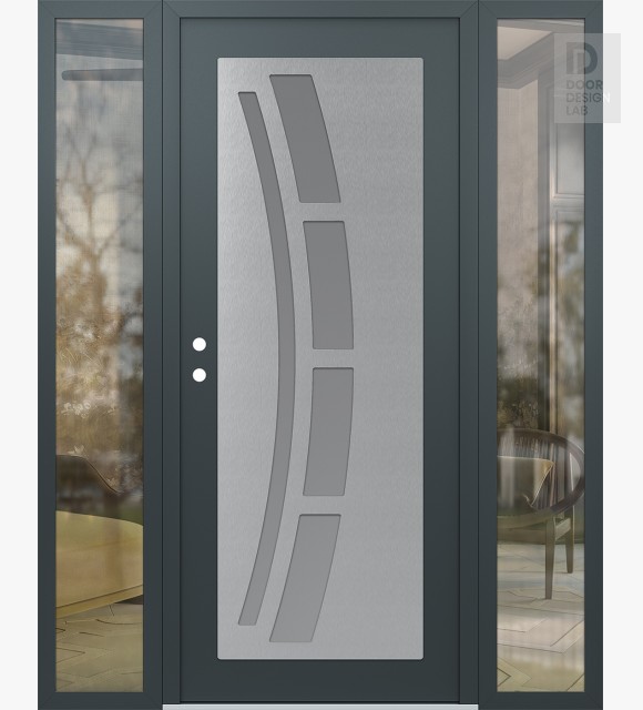 Modern Steel Front Door Diamond C12 60" x 80" anthracite/anthracite frosted Glass Panel stainless steel RHI with 2 Sidelites clear Glass
