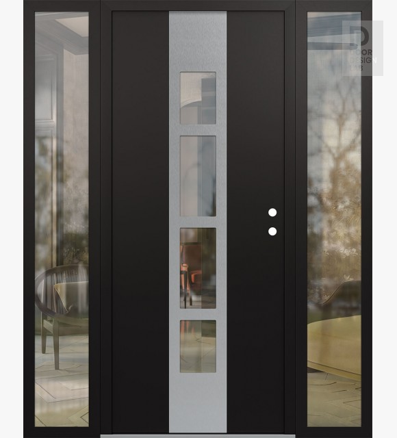 Modern Steel Front Door DIAMOND A10 68" X 80" BLACK/BLACK CLEAR GLASS PANEL STAINLESS STEEL LHI WITH 2 SIDELITES CLEAR GLASS