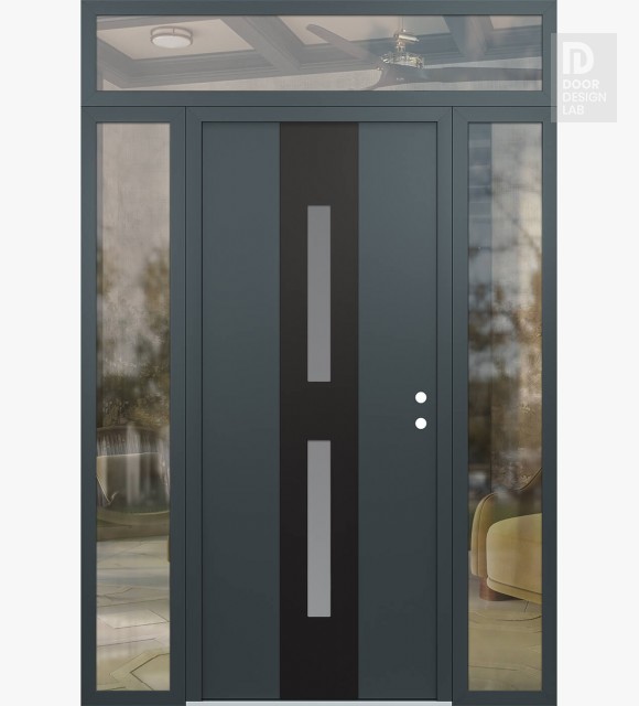 Modern Steel Front Door DIAMOND A6 60" X 96" ANTHRACITE/ANTHRACITE FROSTED GLASS PANEL BLACK LHI WITH 2 SIDELITES AND TRANSOM CLEAR GLASS