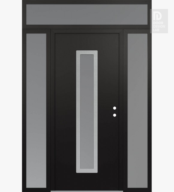 Modern Steel Front Door DIAMOND A11 60" X 96" BLACK/WHITE FROSTED GLASS PANEL STAINLESS STEEL LHI WITH 2 SIDELITES AND TRANSOM FROSTED GLASS