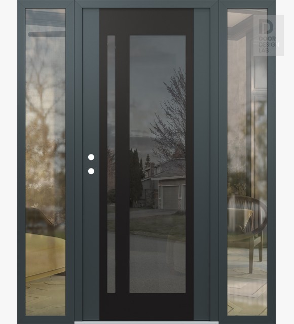 Modern Steel Front Door Diamond C15 68" x 80" anthracite/anthracite mirrored Glass Panel black RHI with 2 Sidelites clear Glass