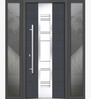 Front Exterior Prehung Steel Door / Deux 0757 Gray Graphite / 2 Side Exterior Windows / Stainless Inserts Single Modern Painted-W16+36+16" x H80"-Right-hand Inswing