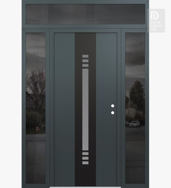 Modern Steel Front Door DIAMOND A5 68" X 96" ANTHRACITE/ANTHRACITE FROSTED GLASS PANEL BLACK LHI WITH 2 SIDELITES AND TRANSOM MIRRORED GLASS