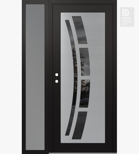 Modern Steel Front Door Diamond C12 48" x 80" black/black mirrored Glass Panel stainless steel RHI with Sidelite frosted Glass
