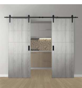 DOUBLE BARN DOOR OPTIMA 4H RIBEIRA ASH 60" X 96" X 1 3/4" SOLID CORE BLACK HARDWARE