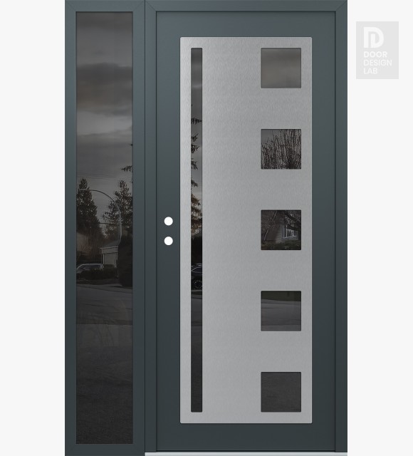 Modern Steel Front Door Diamond C3 48" x 80" anthracite/anthracite mirrored Glass Panel stainless steel RHI with Sidelite mirrored Glass