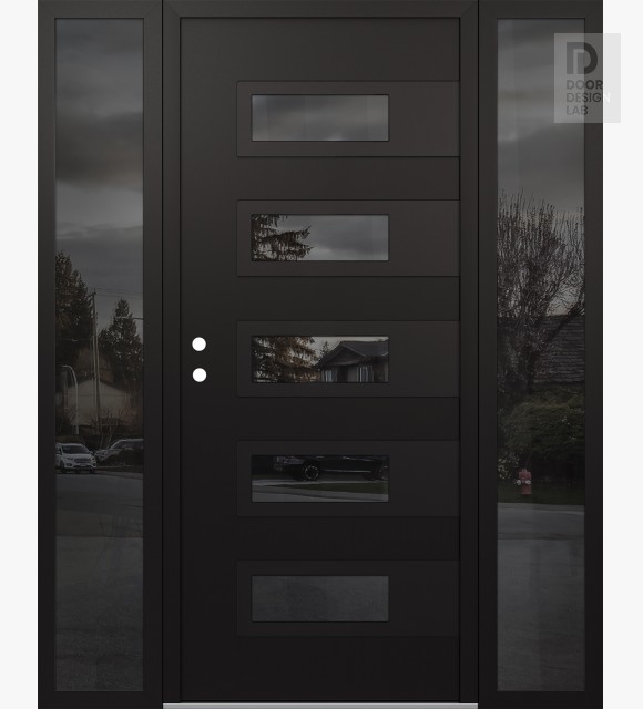 Modern Steel Front Door Diamond D3 60" x 80" black/black mirrored Glass Panel black RHI with 2 Sidelites mirrored Glass