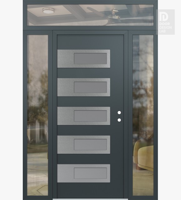 Modern Steel Front Door Diamond D3 60" x 96" anthracite/anthracite frosted Glass Panel stainless steel LHI with 2 Sidelites and Transom clear Glass