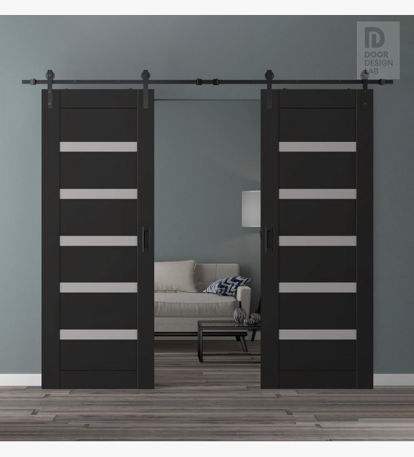 DOUBLE BARN DOOR AVON 07-04 VETRO BLACK MATTE 72" X 84" X 1 3/4" BLACK HARDWARE