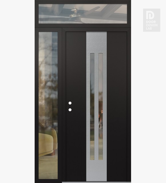 Modern Steel Front Door DIAMOND A8 48" X 96" BLACK/BLACK CLEAR GLASS PANEL STAINLESS STEEL RHI WITH SIDELITE AND TRANSOM CLEAR GLASS