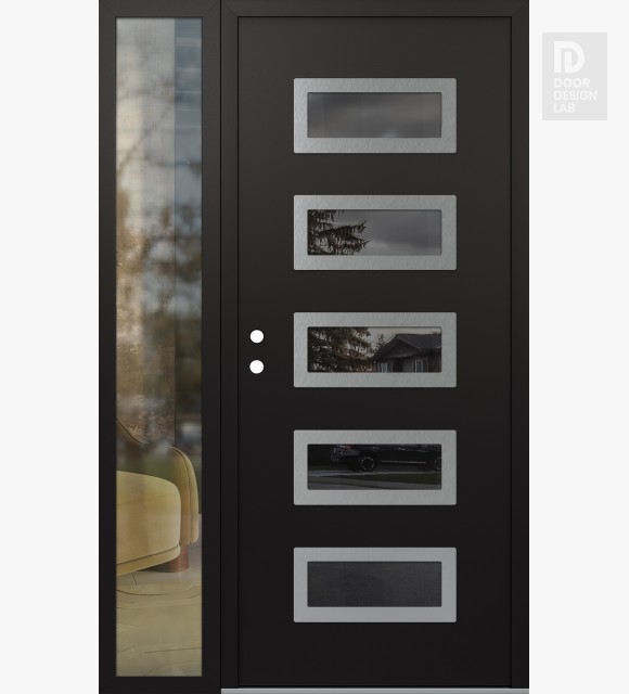 Modern Steel Front Door Diamond D1 48" x 80" black/black mirrored Glass Panel stainless steel RHI with Sidelite clear Glass