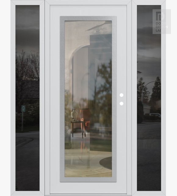 Modern Steel Front Door Diamond C1 60" x 80" white/white clear Glass Panel stainless steel LHI with 2 Sidelites mirrored Glass