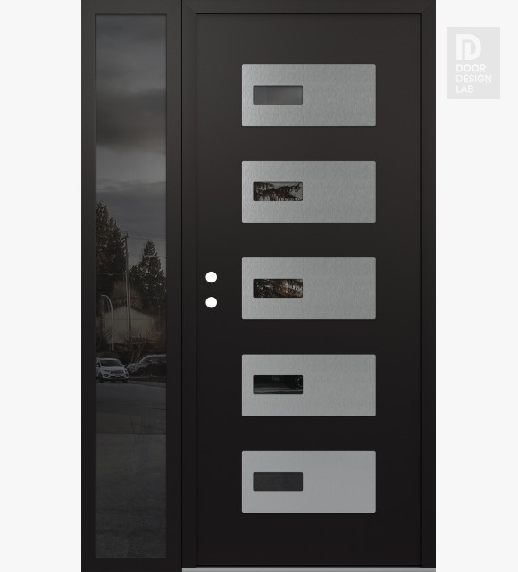 Modern Steel Front Door Diamond D7 52" x 80" black/black mirrored Glass Panel stainless steel RHI with Sidelite mirrored Glass