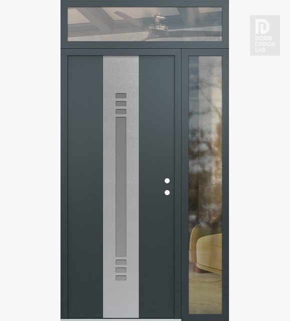 Modern Steel Front Door DIAMOND A5 48" X 96" ANTHRACITE/ANTHRACITE FROSTED GLASS PANEL STAINLESS STEEL LHI WITH SIDELITE AND TRANSOM CLEAR GLASS