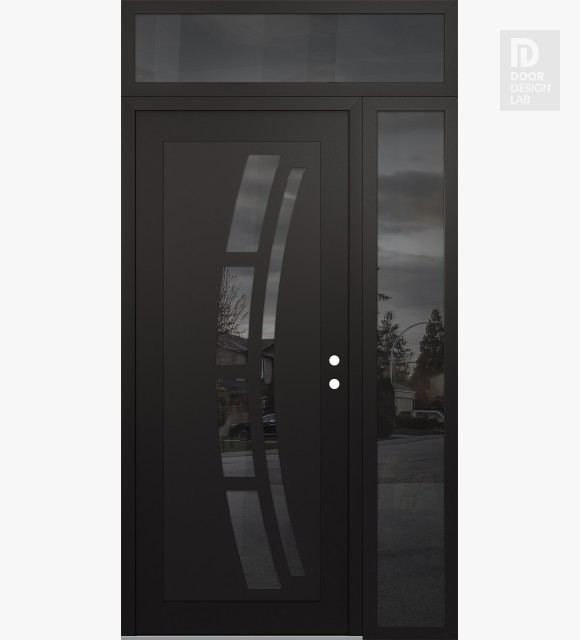 Modern Steel Front Door Diamond C12 52" x 96" black/black mirrored Glass Panel black LHI with Sidelite and Transom mirrored Glass