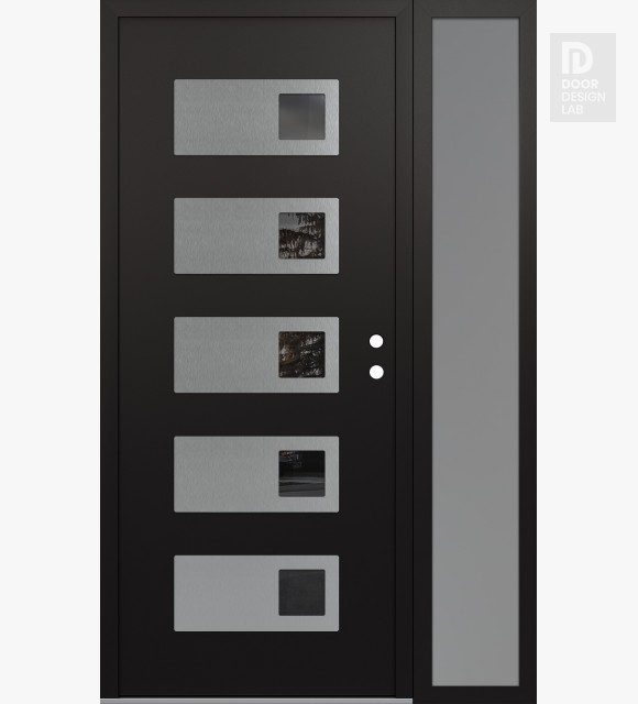 Modern Steel Front Door Diamond D2 50" x 80" black/black mirrored Glass Panel stainless steel LHI with Sidelite frosted Glass