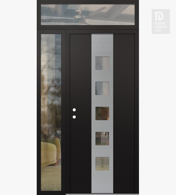 Modern Steel Front Door DIAMOND A13 52" X 96" BLACK/BLACK CLEAR GLASS PANEL STAINLESS STEEL RHI WITH SIDELITE AND TRANSOM CLEAR GLASS