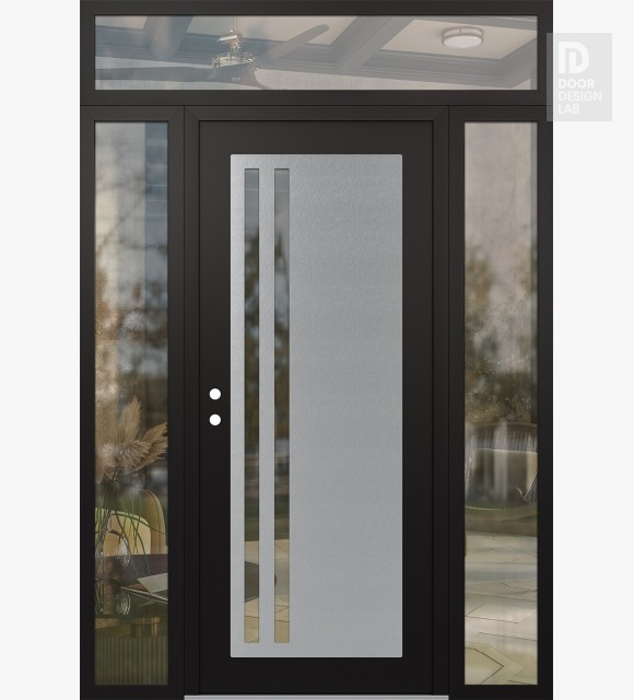 Modern Steel Front Door Diamond C6 64" x 96" black/black clear Glass Panel stainless steel RHI with 2 Sidelites and Transom clear Glass